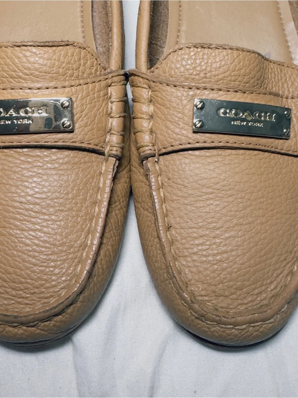 COACH Tan Pebbled Leather Penny Loafers with Gold Plaque